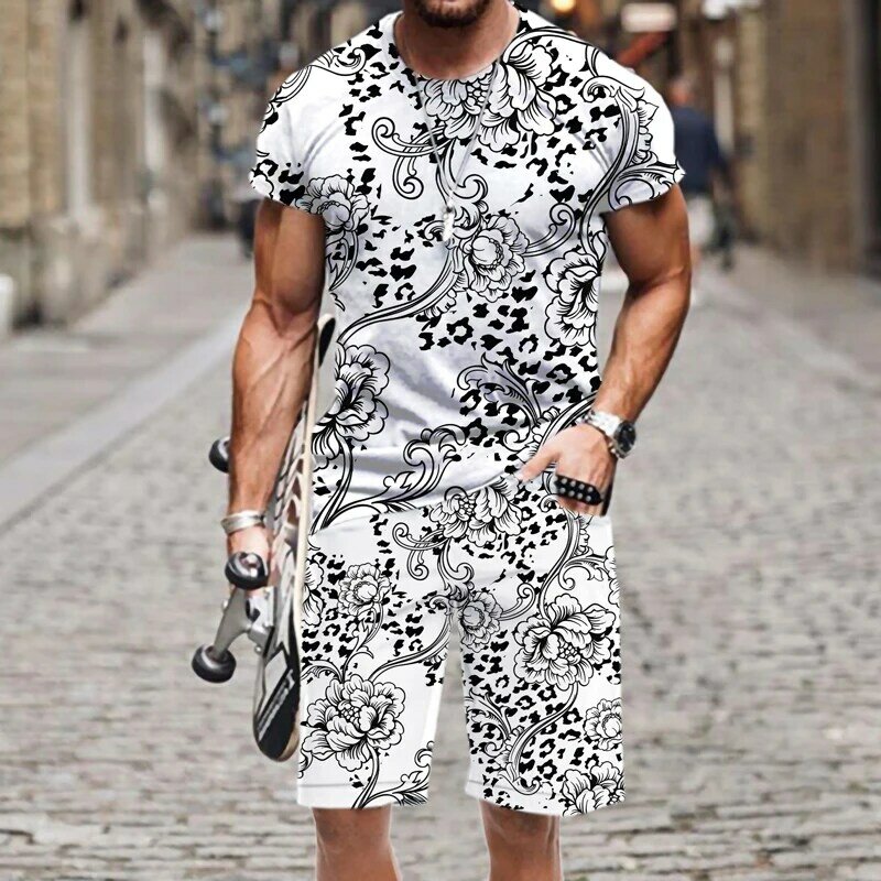 Men's T-shirt Shorts Set Casual Leopard Print Funny Beach Summer Outfit O Neck Tracksuit 2022 New Short Sleeve Sportswear Street