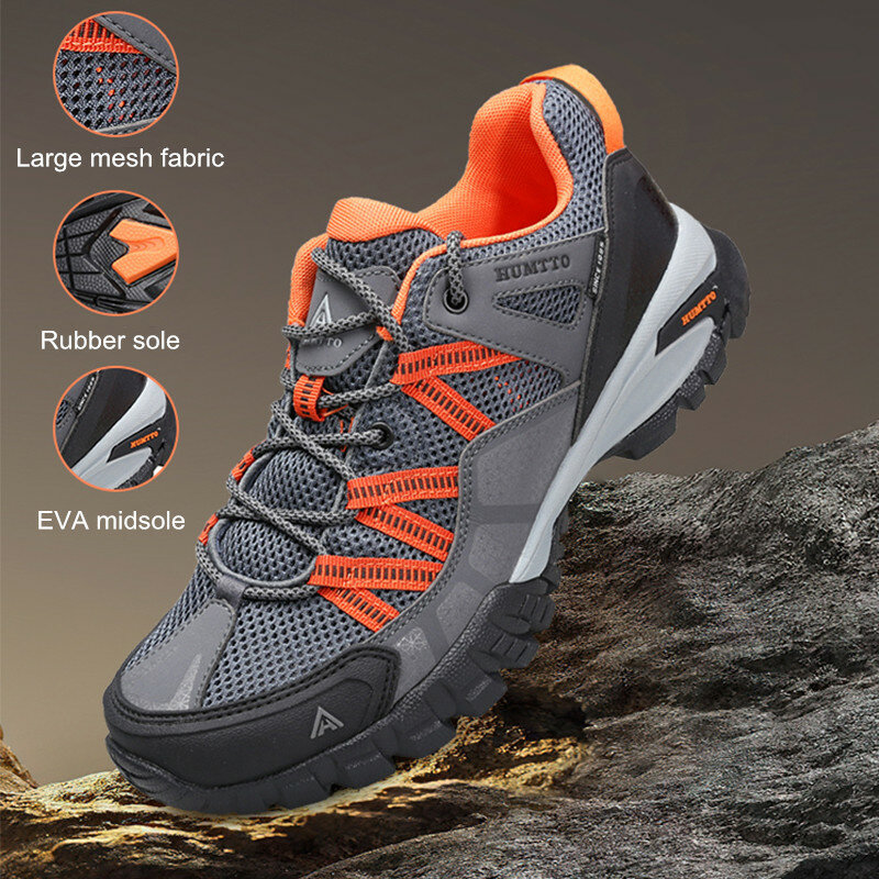 HUMTTO รองเท้าระบายอากาศสำหรับผู้ชาย, รองเท้ากีฬาปีนเขากันลื่นรองเท้าผ้าใบสำหรับเดินป่ากลางแจ้งสีดำ