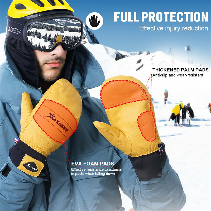 MAXDEER-Luvas impermeáveis de esqui para homens e mulheres, luvas de snowboard, couro de cabra, luvas térmicas de neve, inverno