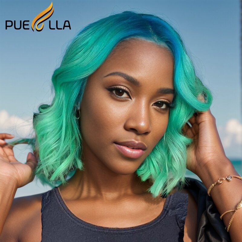 Remy Brazilian 13x4 Ombre Lace Front Wig Human Hair Bob Mint Green Wigs For Women Pixie Cut Body Wave 4x4 Glueless Wig