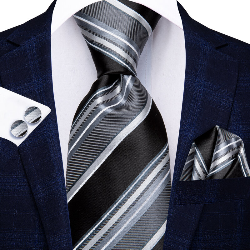 Hi-Tie Black Grey Striped Designer Elegant Men Tie Jacquard Necktie Accessory Cravat Wedding Business Party Hanky Cufflinks