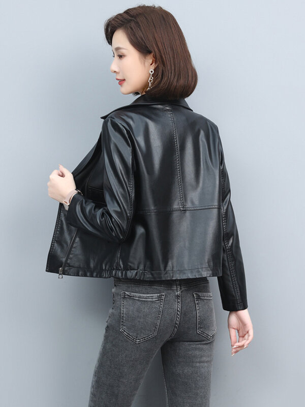 새로운 봄 가을 여성 가죽 재킷 바이커 코트 2024년 턴다운 칼라 지퍼 오토바이 재킷 헐렁한 스트리트웨어 겉옷 M-5XL