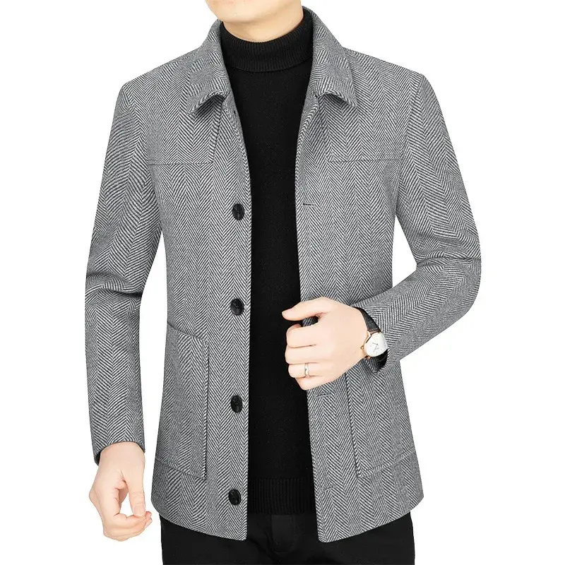 Jaket kasmir tebal hangat untuk pria, jaket Parka musim dingin kasual bisnis warna polos banyak saku hangat untuk pria