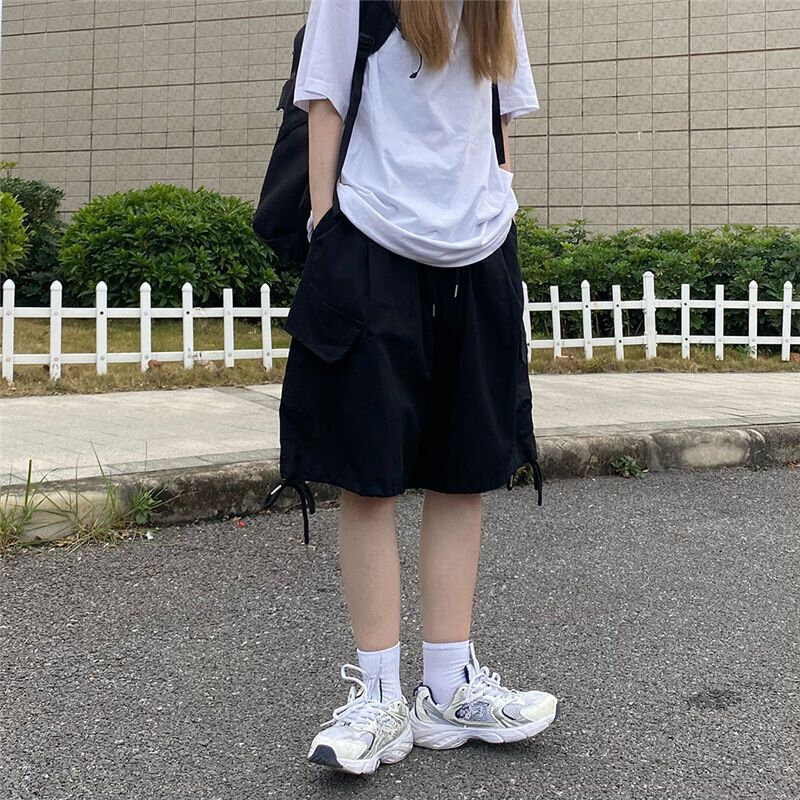 Harajuku Style Large Pockets Cargo Shorts Women Summer Loose Casual Vintage Streetwear High Waist Straight Wide Leg Pants Shorts