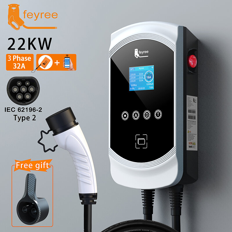 Feiyree-電気自動車充電器,ケーブルタイプ2,プラグIEC62196-2,3相,11kW,22kW