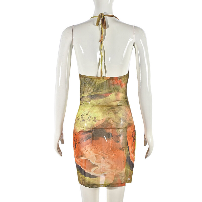 Mesh Printed Chian Halter Mini Dress for Women 2024 Summer New Swining Collar Sleeveless Ruffles Hollow Vestidos Party Clubwear