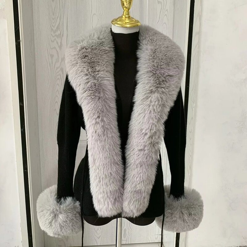 Damskie sweter dziergany ze sztucznego futra z całym futrem z lisem jesienno-zimowa luksusowy sztuczny lis futrzany kardigan moda seksowne sztuczne futro