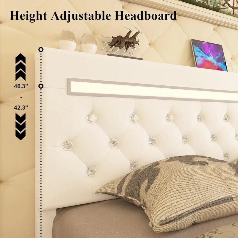 Bingkai tempat tidur ukuran Queen dengan Headboard dapat disesuaikan, bingkai kulit LED, tempat tidur Platform berlapis kain