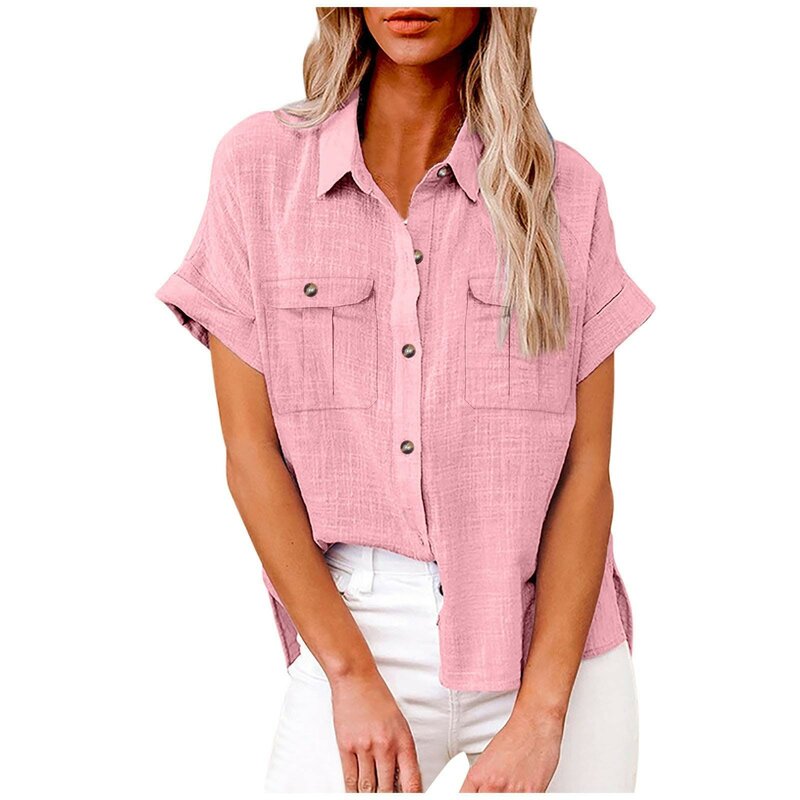 Camisa feminina de botão de manga curta, blusa feminina com bolsos com aba, plus size, sólida, gola virada para baixo, blusa casual