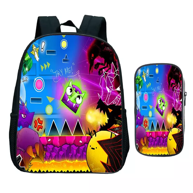 Kids 2pcs Set Backpack Angry Geometry Dash School Bags for Preschool Boys Girls Kindergarten Backpack Waterproof Bookbag Gift