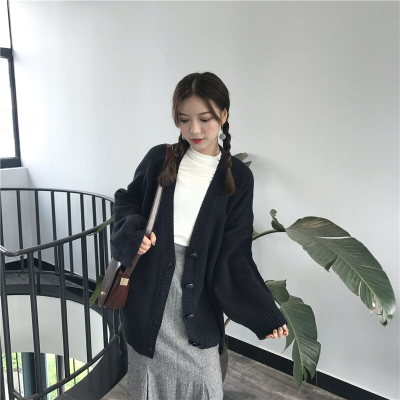 Sweater wanita, mantel hangat ukuran besar musim gugur musim dingin Korea longgar leher V tarik Femme ukuran besar jaket rajut kardigan pendek
