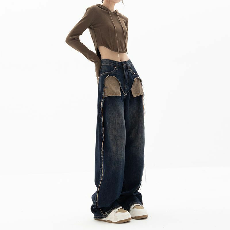 Nieuwe Broek Kinderen Herfst En Winter Retro Stijl Mode Gevoel Niche Contrast Stiksels Hoge Taille Wijde Pijpen Jeans 2023