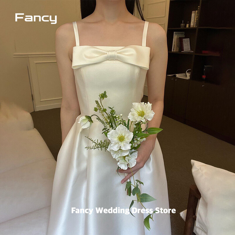 Fancy Elegant Soft Korea Satin Wedding Dress Photo Shoot Square Neck Sleeveless A Line Bridal Gown Spaghetti Straps 웨딩드레스