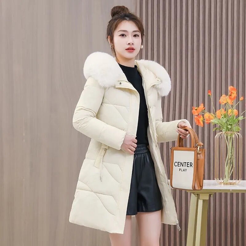 Зимняя новая пуховая куртка с хлопковой подкладкой женское теплое пальто с воротником и карманами длинное универсальное свободное приталенное модное повседневное пальто на молнии