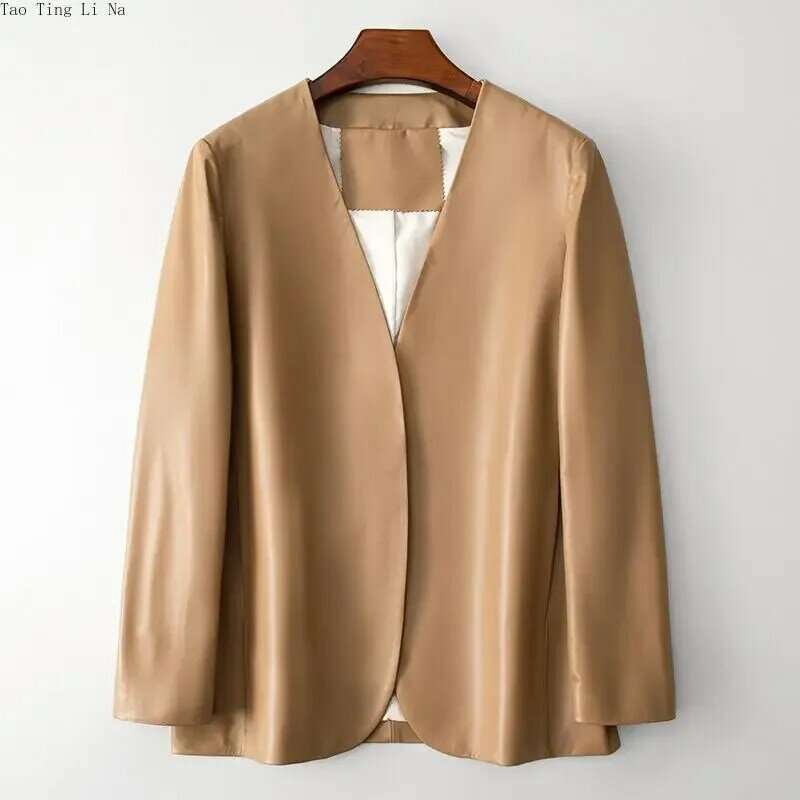 2023 Women Genuine Sheep Leather Coat Fashionable V-Neck Mid-Length Real Leather Jacket H33