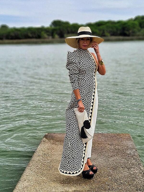 Women Chic Grid Striped Printed Top Pant 2 Piece Set Fashion Irregular Single Sleeve Long Tops High Waist Pants Suit Lady Outfit