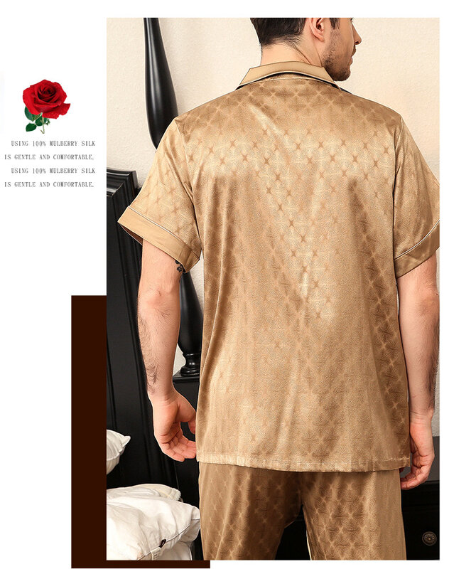 BirdTree-Conjunto de calças de pijama masculino, 93% seda amoreira, manga curta, lapela sólida, confortável, respirável loungewear, verão, S41677QD