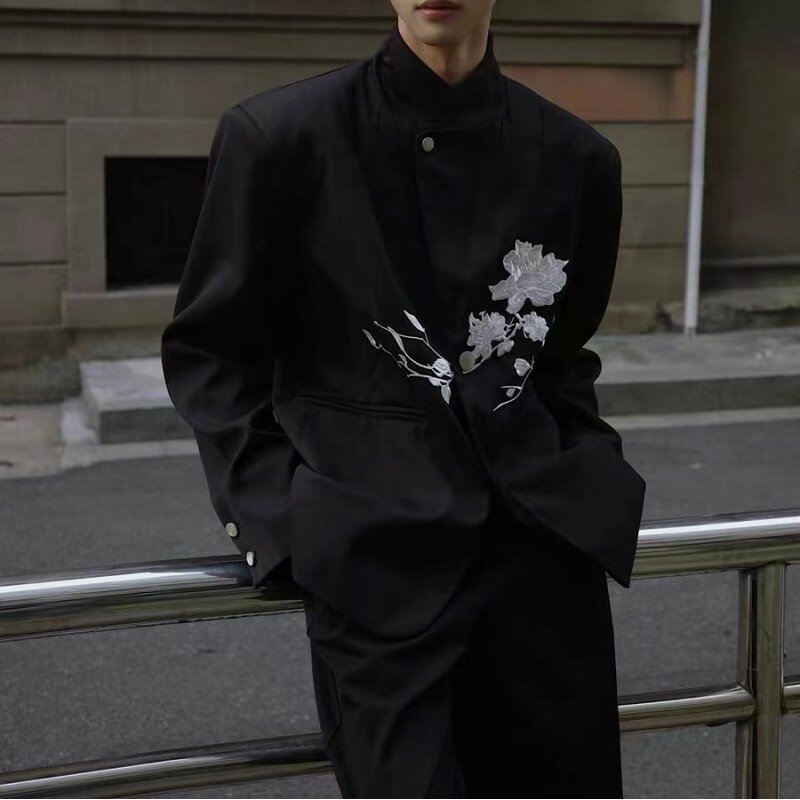 Yamamotostyle-Blazer negro para hombre y mujer, traje holgado informal con bordado de rosas chinas, diseño Sense, novedad
