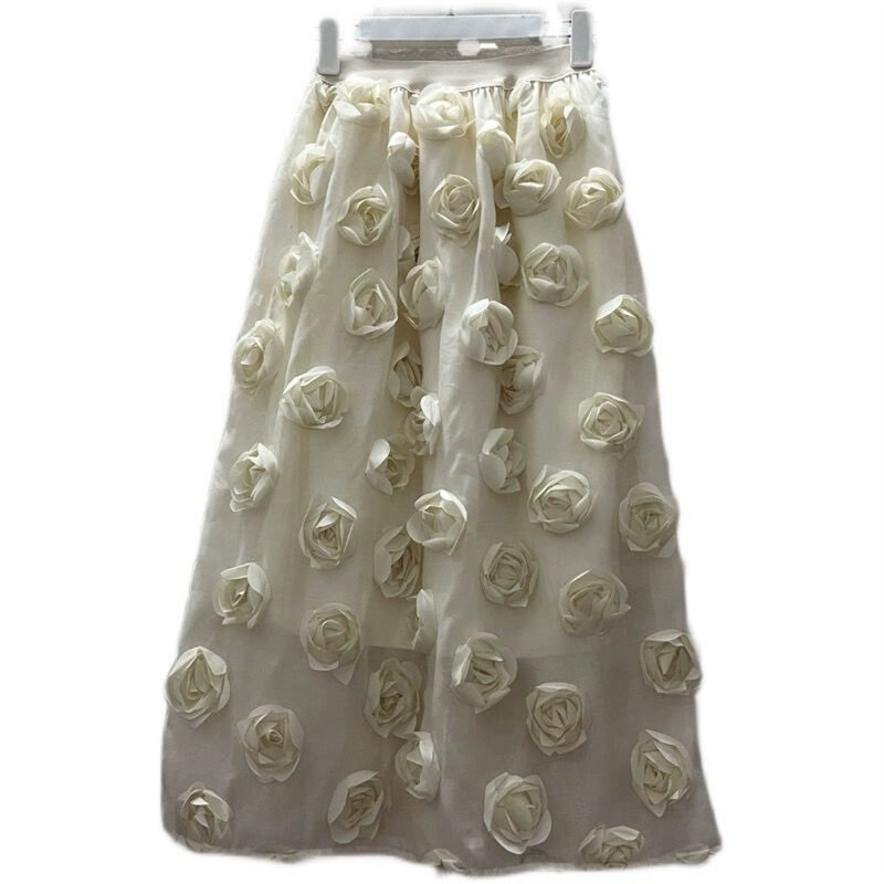 Falda tridimensional hecha a mano para mujer, media falda con flores, cintura elástica, novedad de primavera y verano, 2024