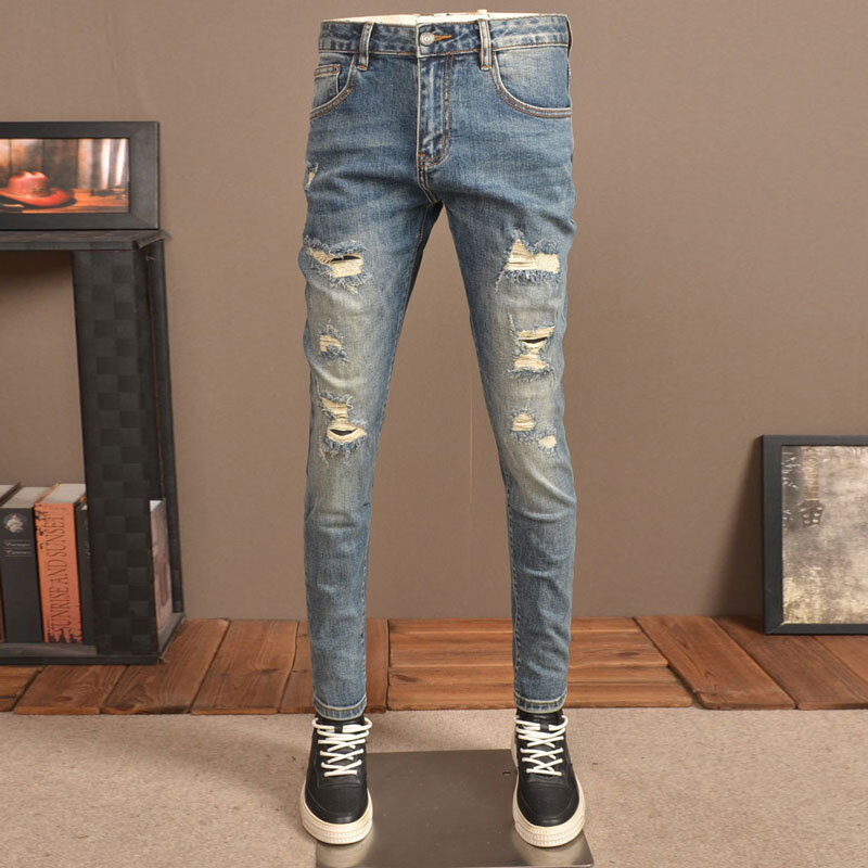 Jeans rasgado azul retrô stretch skinny masculino, calças remendadas, calças jeans designer vintage, moda streetwear