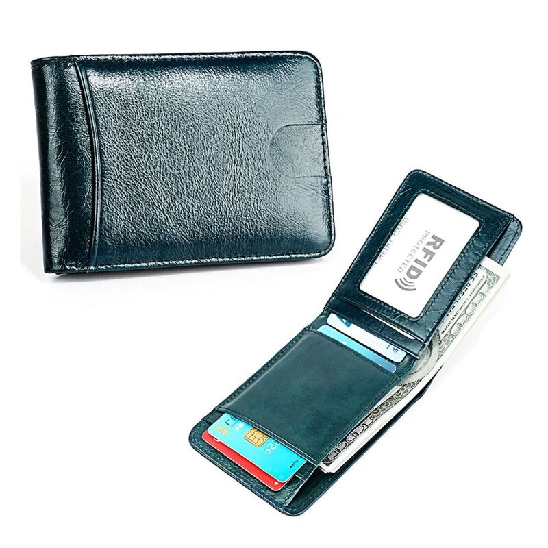 Minimalist Men's Leather Slim Wallet Cowhide Leather 6 Card Slots Money Clip for Men Bifold Low Profile