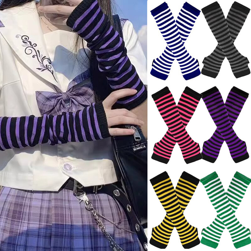 Lolita Punk maniche lunghe guanti senza dita polsino per donna uomo Stripe Hip-Hop lavorato a maglia guanti a gomito elastico invernale scaldamuscoli