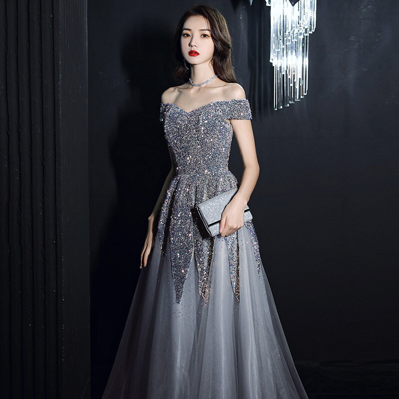 New Elegant Sequined One-Shoulder Dress With Waist Straps Mesh Skirt Long Dress Host Banquet Women's Clothing