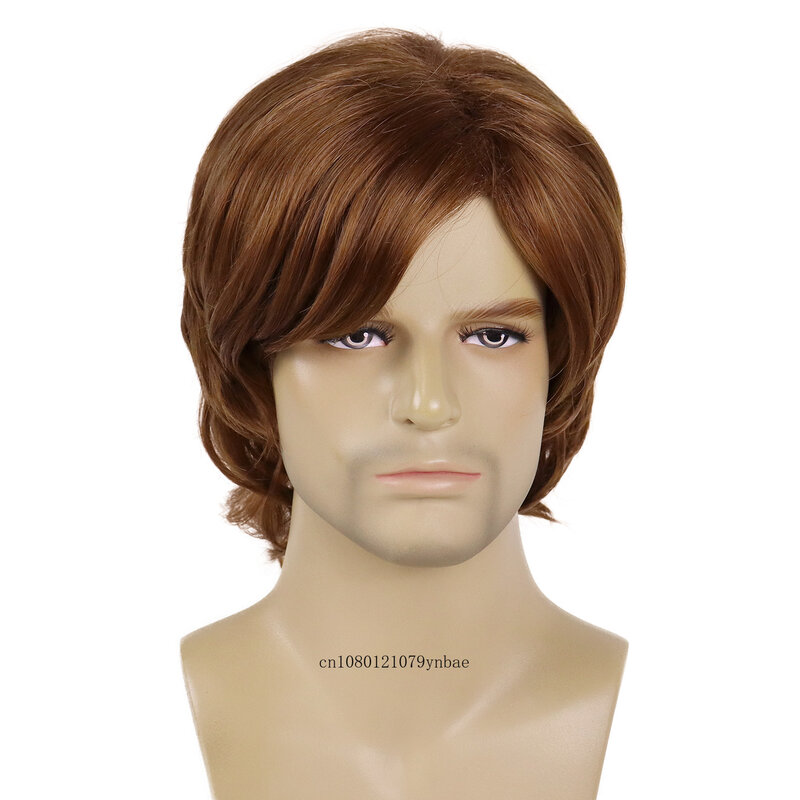 Wig Asia untuk pria rambut sintetis Wig pendek coklat merah dengan poni gaya rambut alami Wig Cosplay pria kostum pesta Wig anak laki-laki