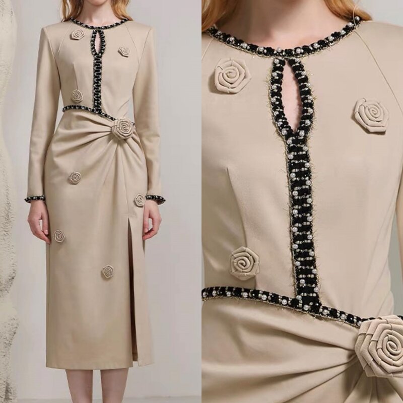 Ballkleid Saudi-Arabien Satin Falte Blume Perle Clubbing A-Linie O-Ausschnitt maßge schneiderte Anlass Kleid Midi Kleider