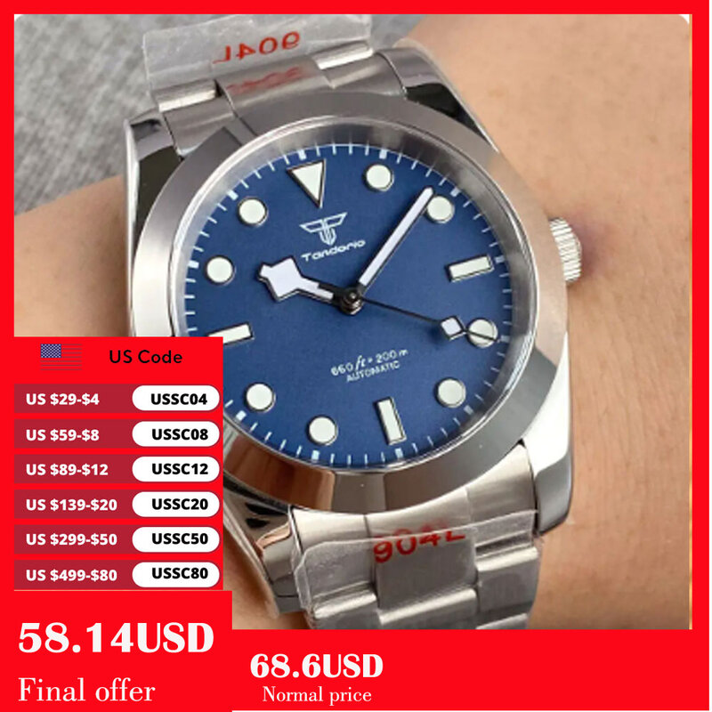 Tandorio NH35 PT5000 Movement Automatic Diving Men's Watch 20BAR Waterproof Sapphire Crystal 3D Dial 36mm Or 39mm 316L Bracelet