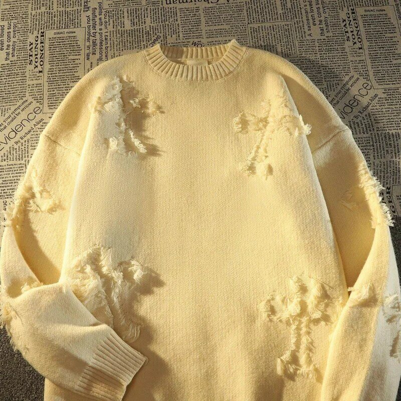 男性と女性のための用途の広い長袖セーター,レトロな穴のあるフリンジ付きのセーター,y2kストリートウェア,新しい秋,2024