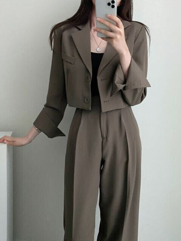 Woman Simple Chic Korean Style Retro Temperament Lapel Loose Or High Waist Pants Solid Color Short Blazer All-match Casual