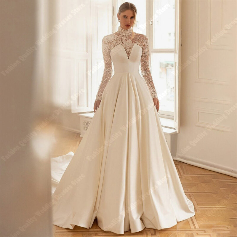 Mulheres elegantes vestidos de noiva A-Line, vestidos de noiva, brilhar superfície cetim, esfregando comprimento, senhora noivado, princesa