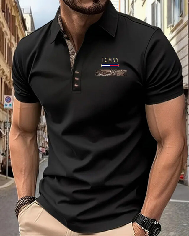 Camiseta de manga corta con solapa para hombre, camiseta estampada transpirable, informal, cómoda, a la moda, europea y americana, primavera y verano