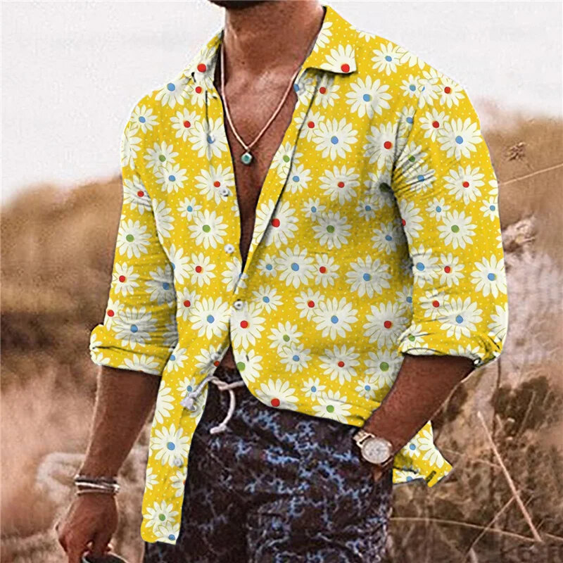 2024 Nowa koszula męska Topy hawajskie Druk cyfrowy 3D Tęczowy świecący wzór HD Casualowa modna koszula z długim rękawem
