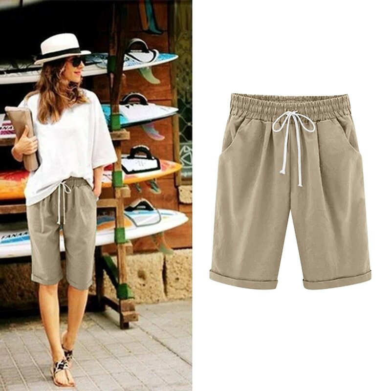 Pantalones cortos de algodón de talla grande para mujer, Shorts de cinco puntos con bolsillo para entrenamiento en la playa y baloncesto, de verano
