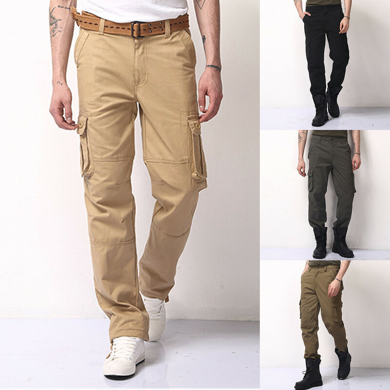 Свободные прямые уличные мужские повседневные Комбинезоны, однотонные мужские брюки с несколькими карманами для отдыха, Лидер продаж 2024, спецодежда, брюки