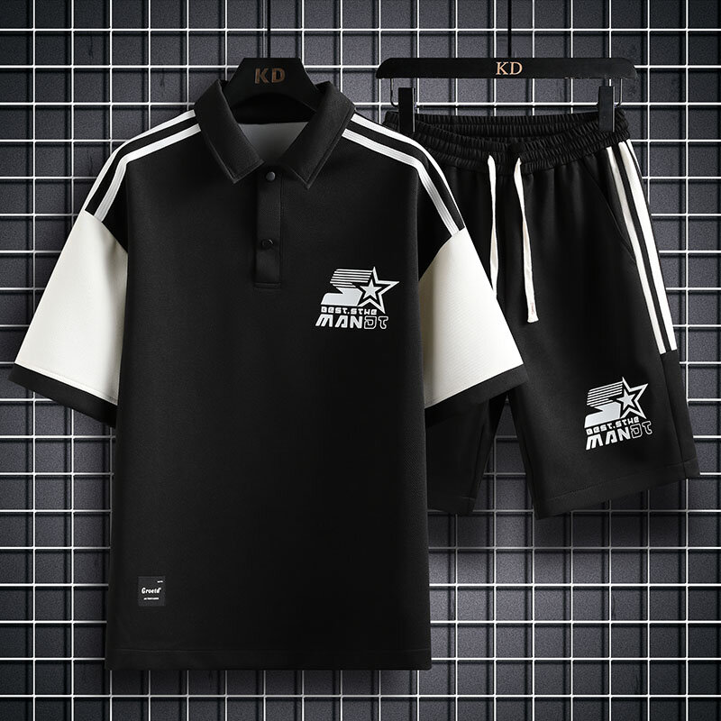 Letnie zestawy dla mężczyzn Streetwear w kratę drukowana koszulki polo + szorty oddychająca luźna Casual dla mężczyzn odzież sportowa 2 sztuki garnitury