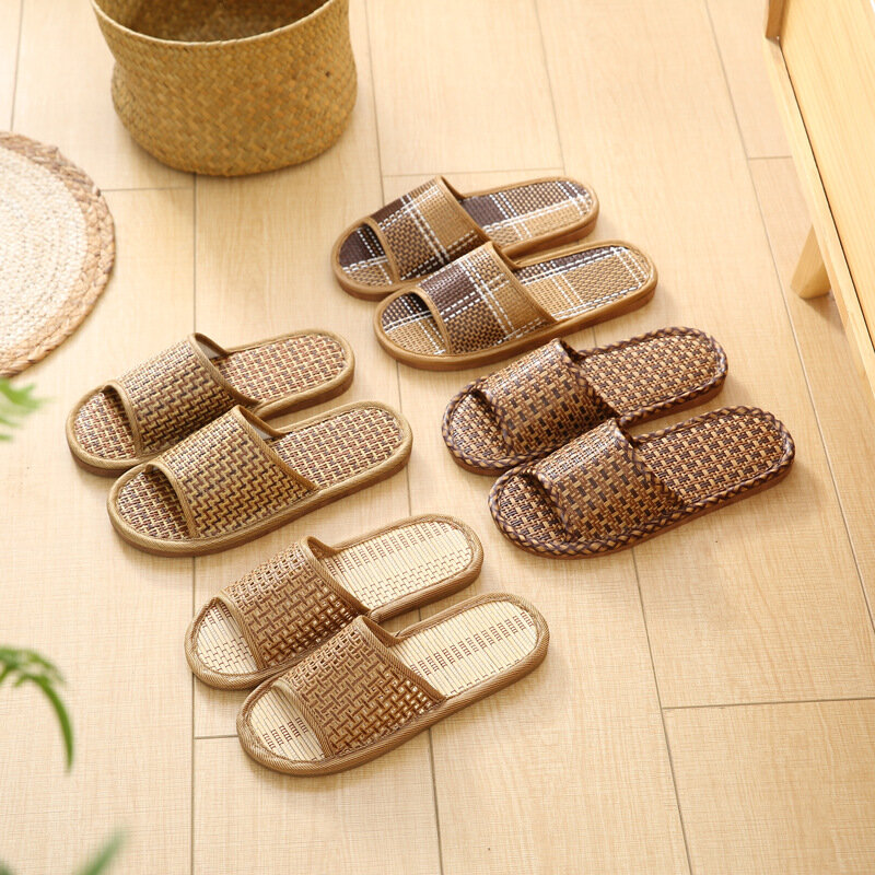 Sandal anyaman rumput rotan bambu pria dan wanita, sandal dalam ruangan Anti selip Linen untuk pecinta rumah musim panas