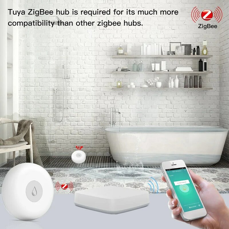 Tuya Zigbee Water Leak Sensor, Detector de inundações sem fio, Ligação de água, Monitoramento Remoto, Alarme, App