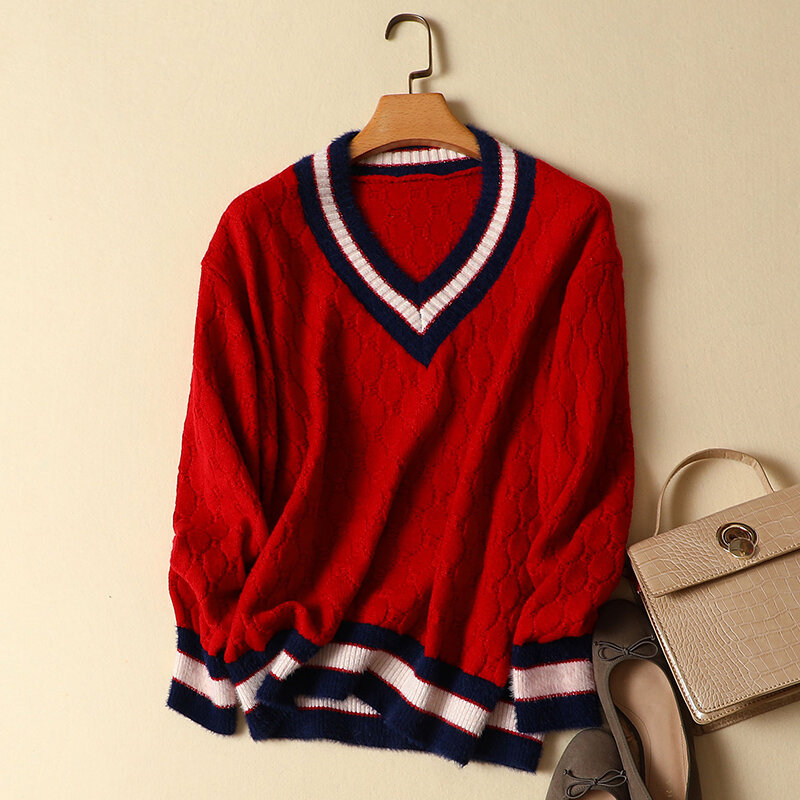 2022 осенне-зимний новый женский свитер с v-образным вырезом и пуловеры трикотажные свободные утепленные женские элегантные модные топы