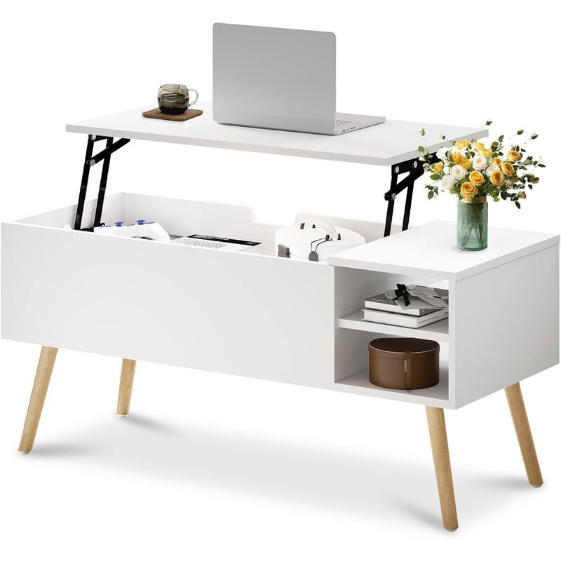โต๊ะกาแฟ koifuxii พร้อมลิฟต์และที่เก็บของ-โต๊ะกาแฟยกขึ้นสีขาวสำหรับห้องนั่งเล่นพื้นที่ขนาดเล็ก-ยกกาแฟ