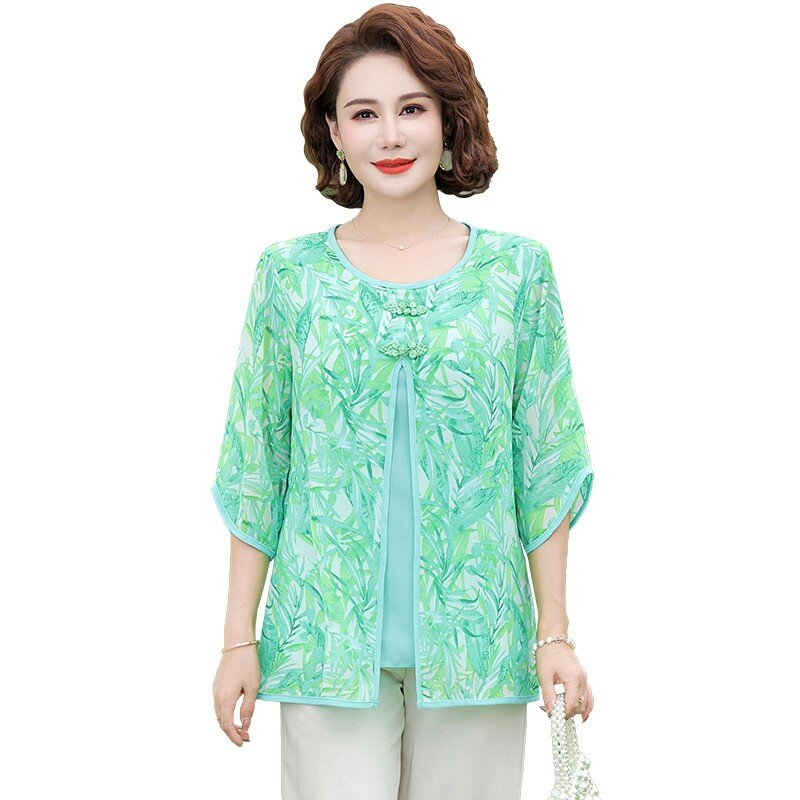 Vintage Fake Two Pieces Shirt Tops Summer New Round Neck Half Sleeve Loose Plus Size Blouse Casual Fashion Women Clothing