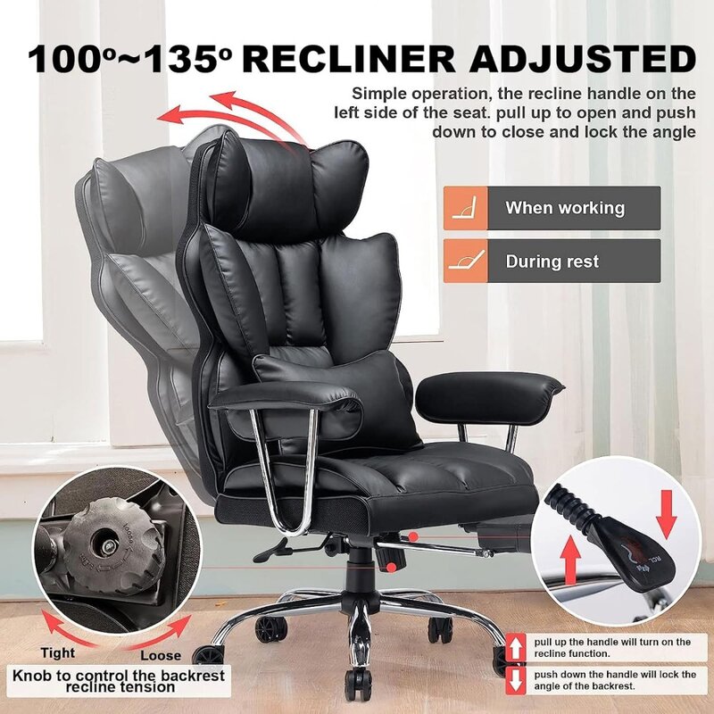 Desk Office Chair 400LBS, Big High Back PU Leather Computer Chair, Executive Office Chair with Leg Rest and Lumbar Support,Black
