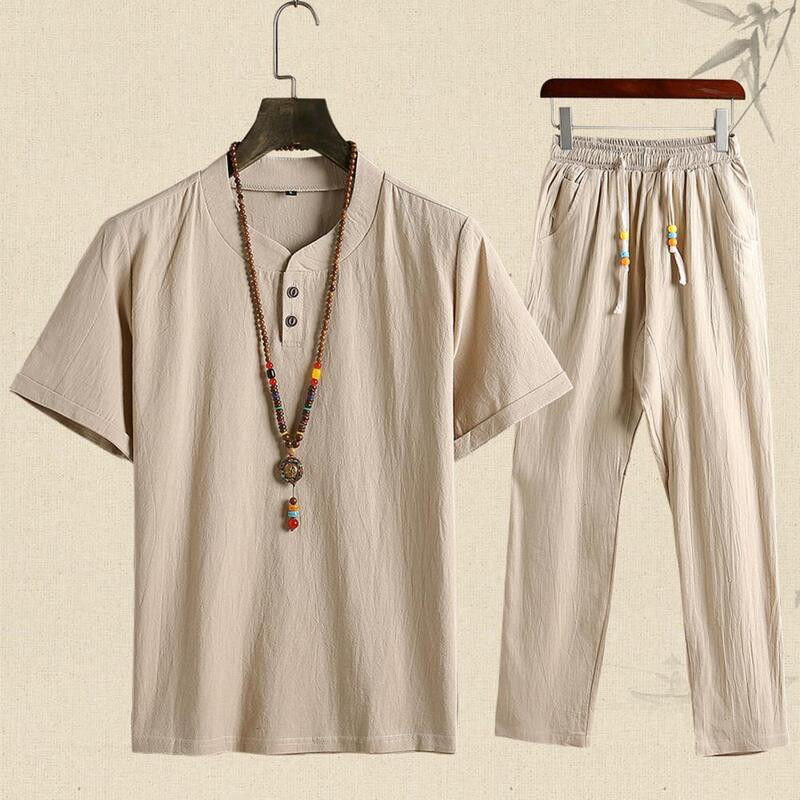 Conjunto de camisa y pantalones, traje informal agradable a la piel, bolsillos absorbentes de sudor, camiseta Simple con cuello redondo, pantalones largos