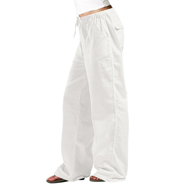 Calça casual de linho e algodão feminina, elástico na cintura, calça reta de bolso, monocromática, elástica, 2024