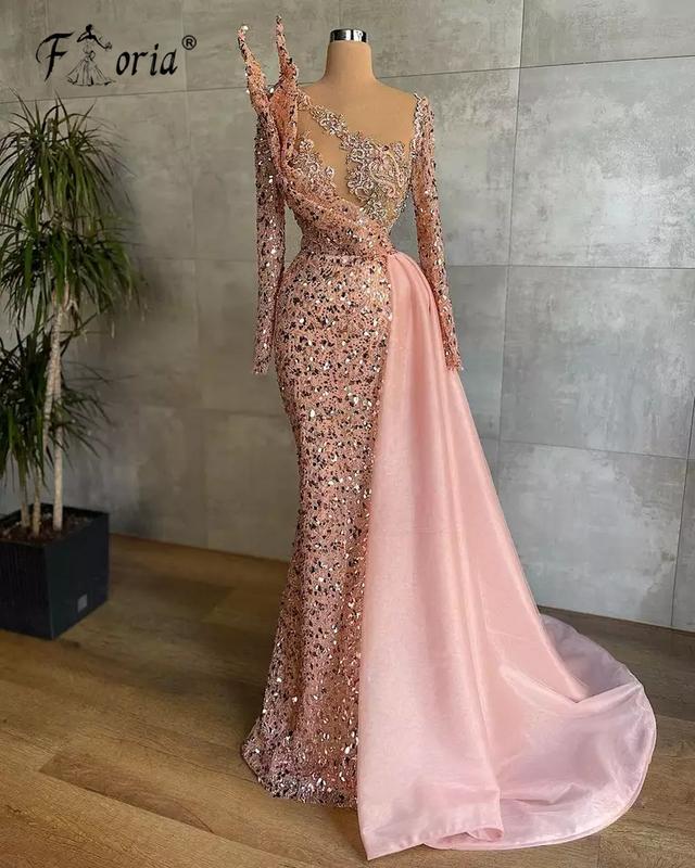 Sparkly lantejoulas miçangas sereia vestido de noite dubai árabe varredura longo vestido de ocasião rosa vestidos de baile semi formales