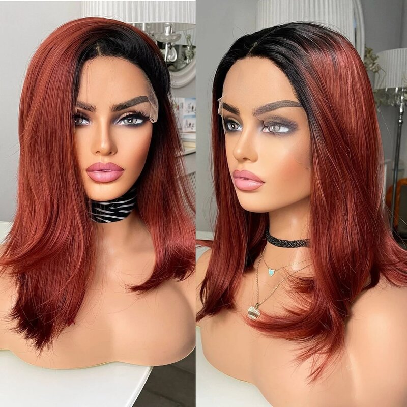 Ombre Copper Straight Bob Lace Front Wig For Black Women Baby Hair Soft Cosplay 26Inch Long Glueless Preplucked Heat Resistant