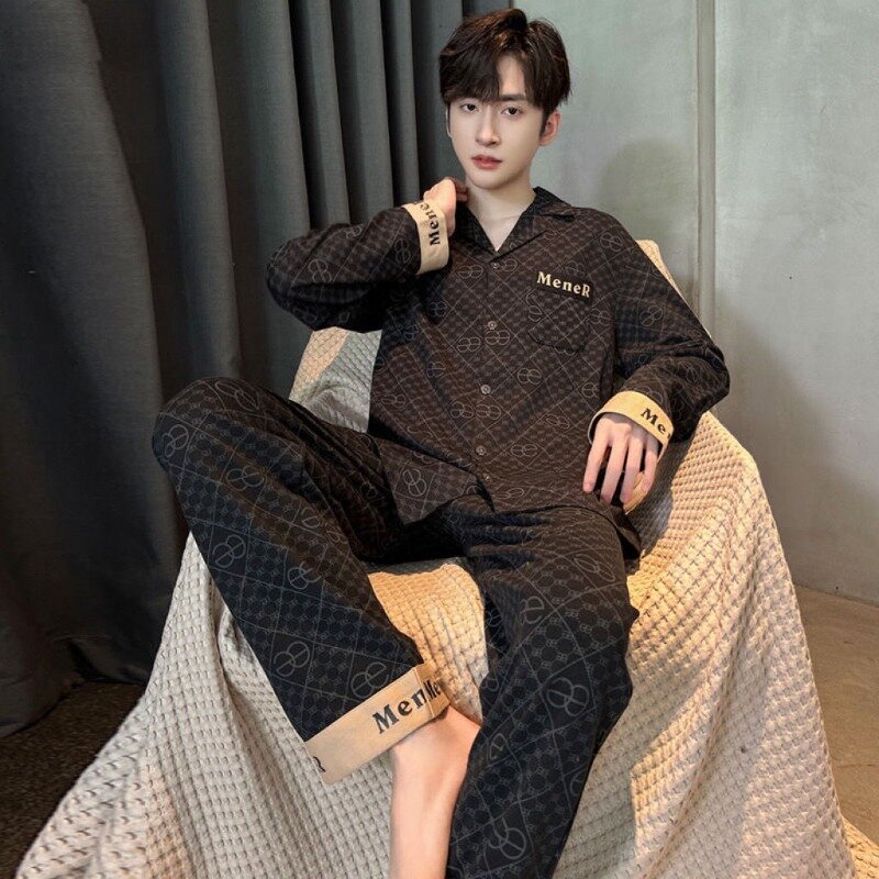 Conjunto de pijamas soltos de manga comprida masculino, treliça loungewear, versão coreana, tamanho grande, 100% algodão, primavera, outono