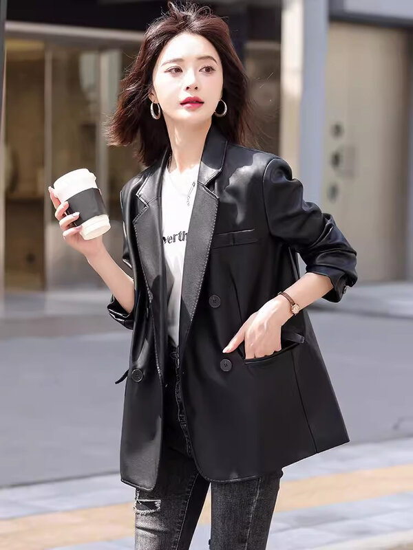 New Women Spring Autumn Leather Jacket Elegant Fashion Suit Collar Loose Sheepskin Blazer Office Lady Coat Split Leather